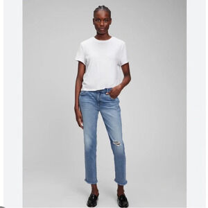 Gap Mid Rise  Girlfriend Jeans With Washwell In Light Destroyed Jeans